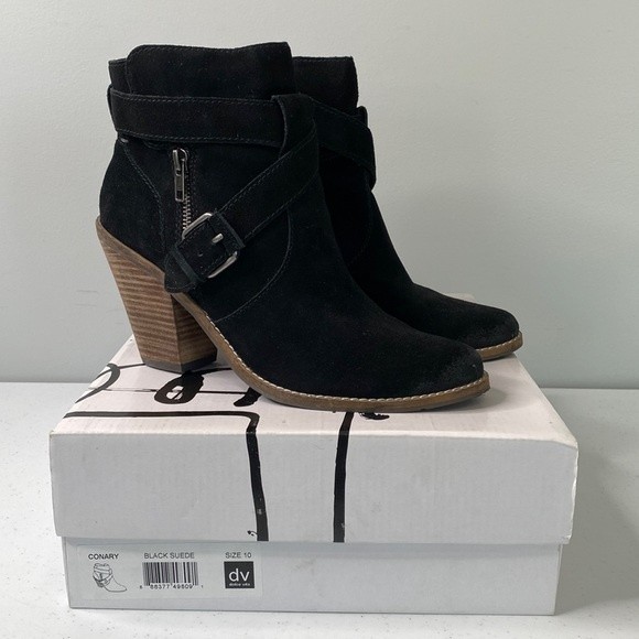 Dv By Dolce Vita Dv Conary Suede Booties Stacked Heel Straps Buckle Side Zip